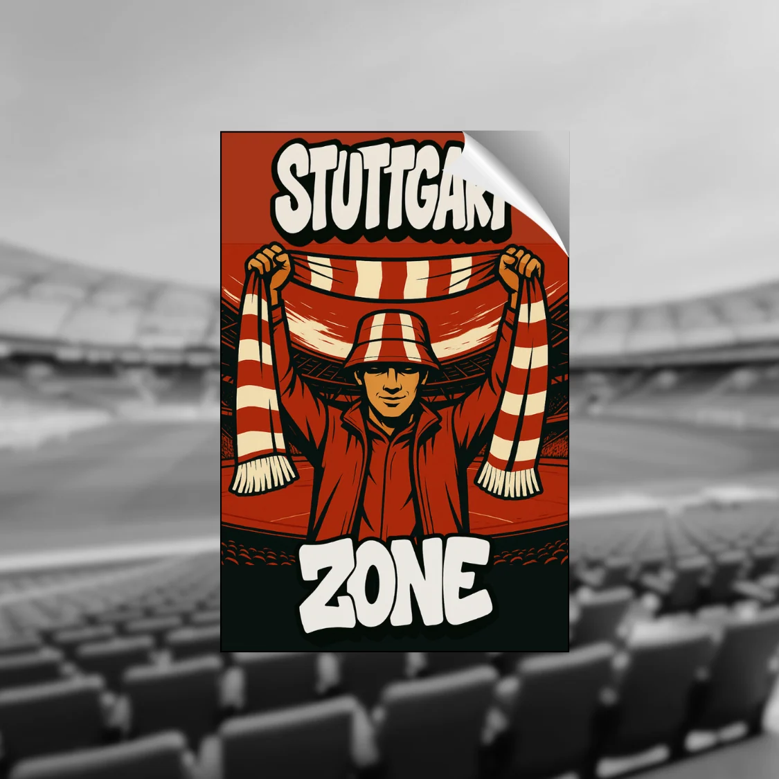 Sticker mit der Aufschrift „Stuttgart Zone“ und einem Fan mit rot-weißem Schal und Hut vor einem unscharfen Stadionhintergrund.
